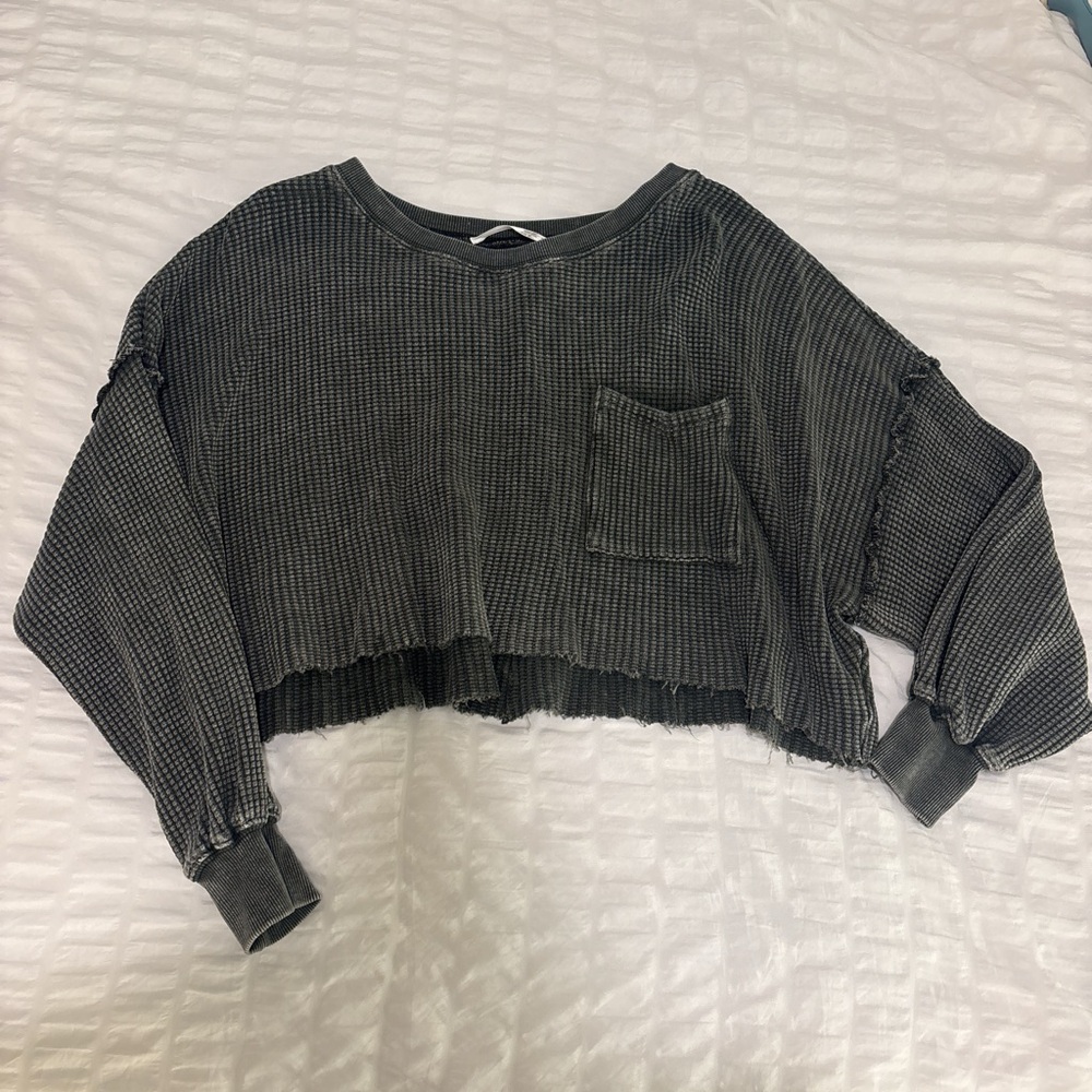 Altar'd State Dark Grey Textured Long Sleeve Top